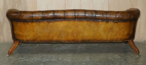ANTIQUE VICTORIAN 1860 SHOW FRAME CARVED WALNUT CHESTERFIELD BROWN LEATHER SOFA - ADDITIONAL PHOTO 10