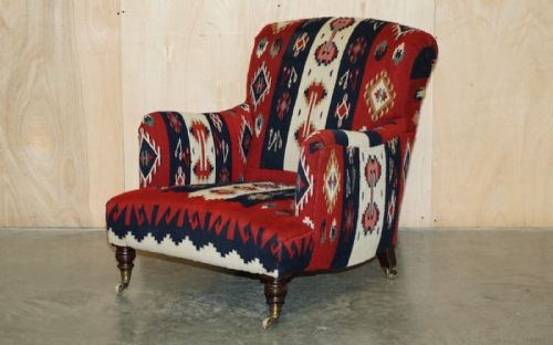 RARE ORIGINAL VICTORIAN HOWARD SONS BRIDGEWATER ARMCHAIR WITH KILIM UPHOLSTERY - ADDITIONAL PHOTO 2