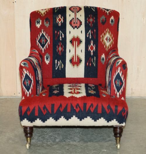 RARE ORIGINAL VICTORIAN HOWARD SONS BRIDGEWATER ARMCHAIR WITH KILIM UPHOLSTERY - ADDITIONAL PHOTO 3