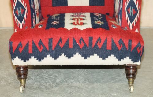 RARE ORIGINAL VICTORIAN HOWARD SONS BRIDGEWATER ARMCHAIR WITH KILIM UPHOLSTERY - ADDITIONAL PHOTO 10