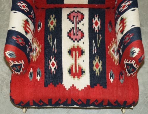 RARE ORIGINAL VICTORIAN HOWARD SONS BRIDGEWATER ARMCHAIR WITH KILIM UPHOLSTERY - ADDITIONAL PHOTO 14