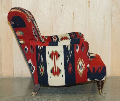 RARE ORIGINAL VICTORIAN HOWARD SONS BRIDGEWATER ARMCHAIR WITH KILIM UPHOLSTERY - ADDITIONAL PHOTO 15