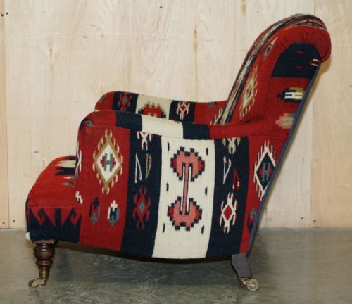 RARE ORIGINAL VICTORIAN HOWARD SONS BRIDGEWATER ARMCHAIR WITH KILIM UPHOLSTERY - ADDITIONAL PHOTO 17