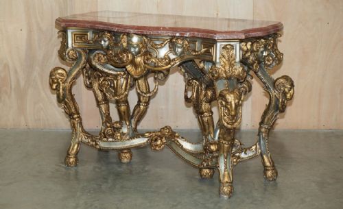 SUPER RARE METAL ANTIQUE BAROQUE RAMS MAIDEN HEAD MARBLE TOPPED CONSOLE TABLE - ADDITIONAL PHOTO 1