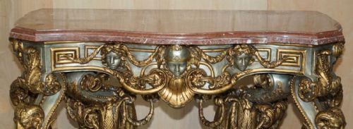SUPER RARE METAL ANTIQUE BAROQUE RAMS MAIDEN HEAD MARBLE TOPPED CONSOLE TABLE - ADDITIONAL PHOTO 3