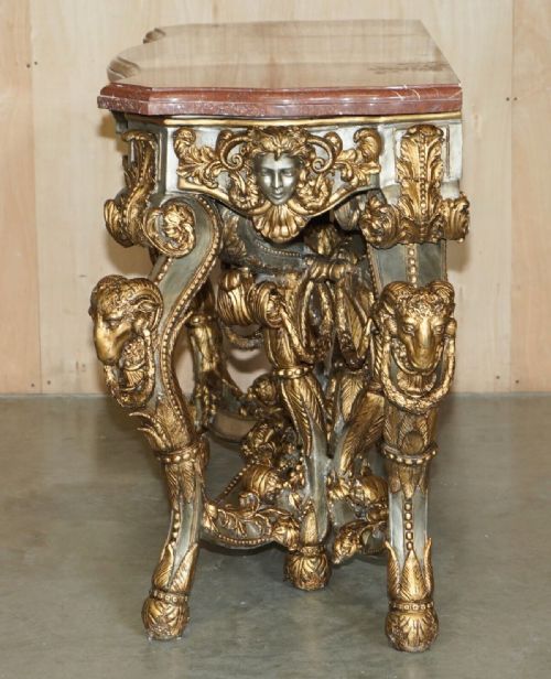 SUPER RARE METAL ANTIQUE BAROQUE RAMS MAIDEN HEAD MARBLE TOPPED CONSOLE TABLE - ADDITIONAL PHOTO 10