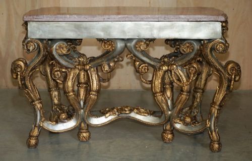 SUPER RARE METAL ANTIQUE BAROQUE RAMS MAIDEN HEAD MARBLE TOPPED CONSOLE TABLE - ADDITIONAL PHOTO 11