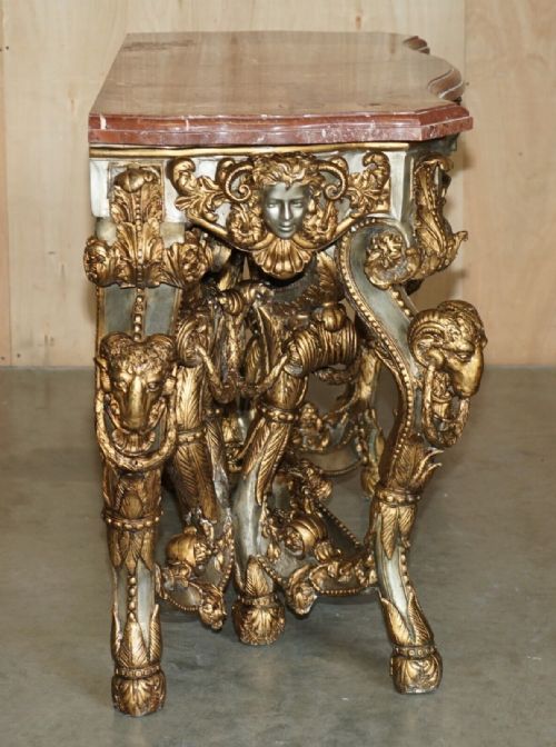 SUPER RARE METAL ANTIQUE BAROQUE RAMS MAIDEN HEAD MARBLE TOPPED CONSOLE TABLE - ADDITIONAL PHOTO 12