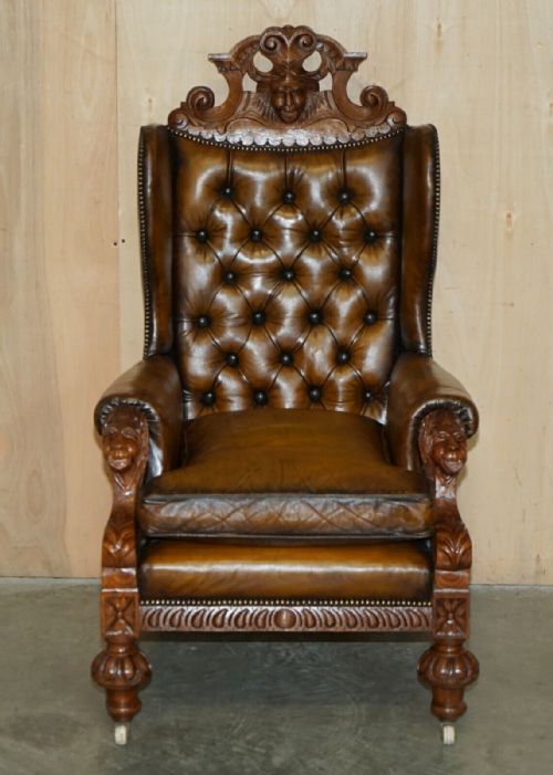 HUGE PAIR OF ANTIQUE VICTORIAN LION CARVED CHESTERFIELD BROWN LEATHER ARMCHAIRS - ADDITIONAL PHOTO 3