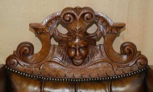 HUGE PAIR OF ANTIQUE VICTORIAN LION CARVED CHESTERFIELD BROWN LEATHER ARMCHAIRS - ADDITIONAL PHOTO 5