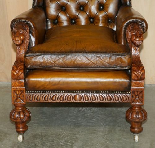 HUGE PAIR OF ANTIQUE VICTORIAN LION CARVED CHESTERFIELD BROWN LEATHER ARMCHAIRS - ADDITIONAL PHOTO 6