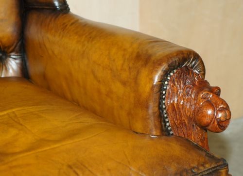 HUGE PAIR OF ANTIQUE VICTORIAN LION CARVED CHESTERFIELD BROWN LEATHER ARMCHAIRS - ADDITIONAL PHOTO 7