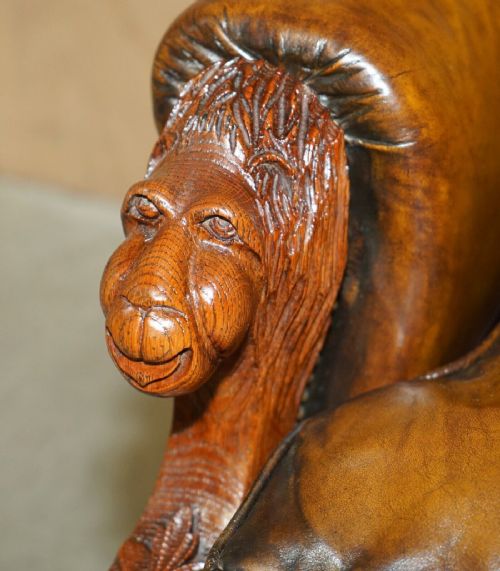 HUGE PAIR OF ANTIQUE VICTORIAN LION CARVED CHESTERFIELD BROWN LEATHER ARMCHAIRS - ADDITIONAL PHOTO 8