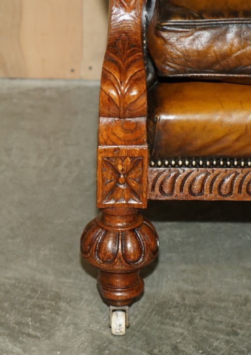 HUGE PAIR OF ANTIQUE VICTORIAN LION CARVED CHESTERFIELD BROWN LEATHER ARMCHAIRS - ADDITIONAL PHOTO 9