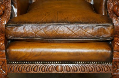 HUGE PAIR OF ANTIQUE VICTORIAN LION CARVED CHESTERFIELD BROWN LEATHER ARMCHAIRS - ADDITIONAL PHOTO 10