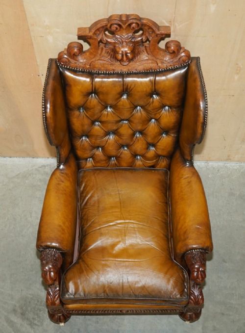 HUGE PAIR OF ANTIQUE VICTORIAN LION CARVED CHESTERFIELD BROWN LEATHER ARMCHAIRS - ADDITIONAL PHOTO 11