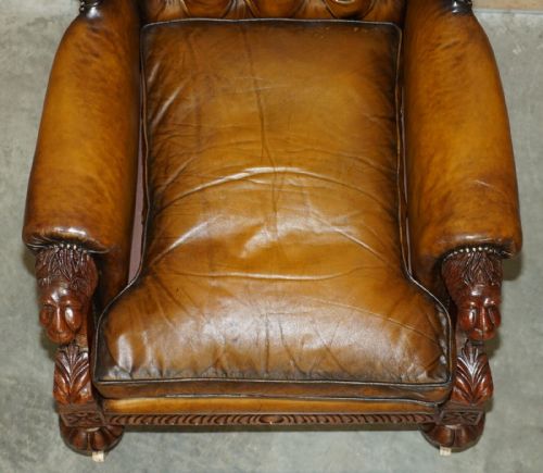 HUGE PAIR OF ANTIQUE VICTORIAN LION CARVED CHESTERFIELD BROWN LEATHER ARMCHAIRS - ADDITIONAL PHOTO 12