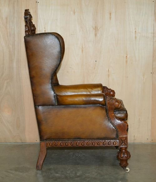 HUGE PAIR OF ANTIQUE VICTORIAN LION CARVED CHESTERFIELD BROWN LEATHER ARMCHAIRS - ADDITIONAL PHOTO 13