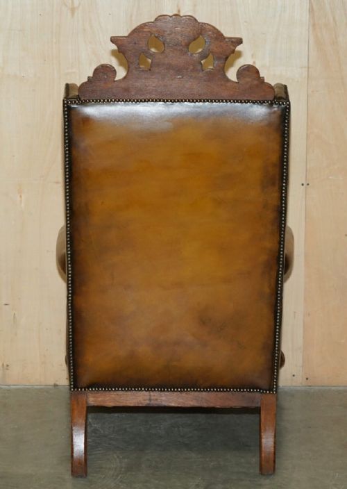 HUGE PAIR OF ANTIQUE VICTORIAN LION CARVED CHESTERFIELD BROWN LEATHER ARMCHAIRS - ADDITIONAL PHOTO 14