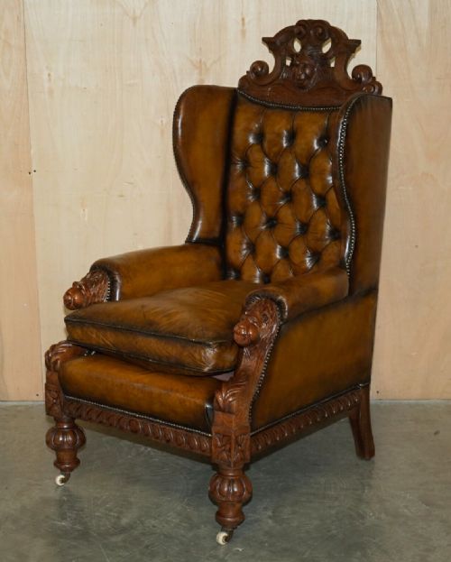 HUGE PAIR OF ANTIQUE VICTORIAN LION CARVED CHESTERFIELD BROWN LEATHER ARMCHAIRS - ADDITIONAL PHOTO 15
