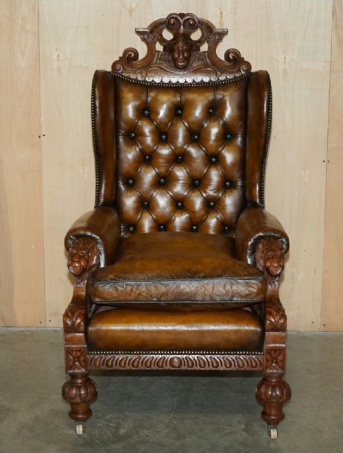 HUGE PAIR OF ANTIQUE VICTORIAN LION CARVED CHESTERFIELD BROWN LEATHER ARMCHAIRS - ADDITIONAL PHOTO 16
