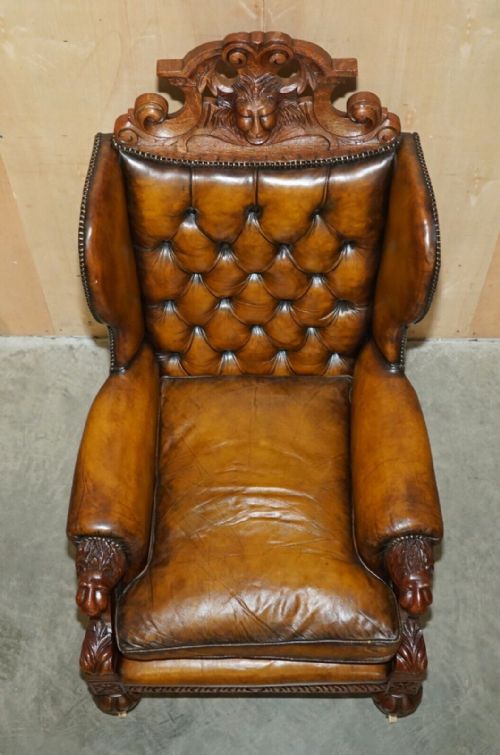 HUGE PAIR OF ANTIQUE VICTORIAN LION CARVED CHESTERFIELD BROWN LEATHER ARMCHAIRS - ADDITIONAL PHOTO 17