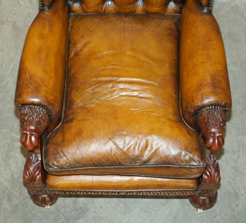 HUGE PAIR OF ANTIQUE VICTORIAN LION CARVED CHESTERFIELD BROWN LEATHER ARMCHAIRS - ADDITIONAL PHOTO 18