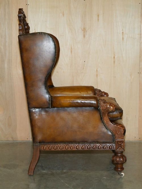 HUGE PAIR OF ANTIQUE VICTORIAN LION CARVED CHESTERFIELD BROWN LEATHER ARMCHAIRS - ADDITIONAL PHOTO 19