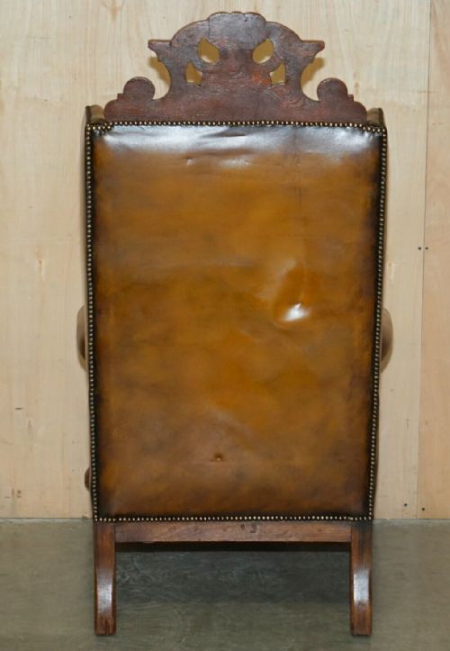HUGE PAIR OF ANTIQUE VICTORIAN LION CARVED CHESTERFIELD BROWN LEATHER ARMCHAIRS - ADDITIONAL PHOTO 20