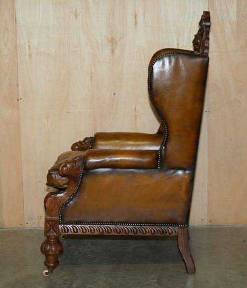 HUGE PAIR OF ANTIQUE VICTORIAN LION CARVED CHESTERFIELD BROWN LEATHER ARMCHAIRS - ADDITIONAL PHOTO 21