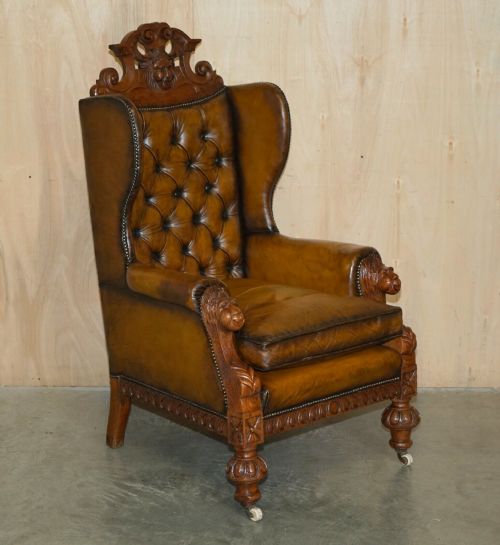 HUGE PAIR OF ANTIQUE VICTORIAN LION CARVED CHESTERFIELD BROWN LEATHER ARMCHAIRS - ADDITIONAL PHOTO 22