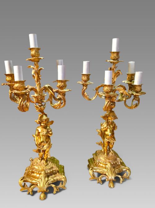 candelabra pair in gilt metal c 1930 - CATEGORY: ANTIQUE LIGHTING - DATED 1930