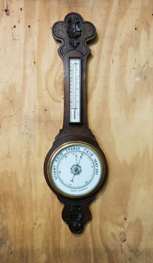 victorian carved oak barometer - CATEGORY: ANTIQUE BAROMETERS - DATED VICTORIAN