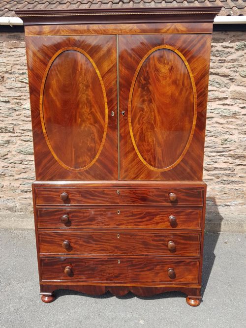 regency mahogany inlaid channel island linen press - CATEGORY: ANTIQUE CUPBOARDS - DATED REGENCY