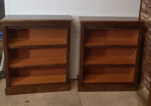 pair of victorian burr walnut open bookcases - CATEGORY: ANTIQUE BOOKCASES - DATED VICTORIAN