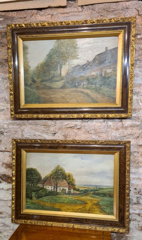 pair of 1920s oil paintings of country cottage scenes - CATEGORY: ANTIQUE ART - DATED 1920