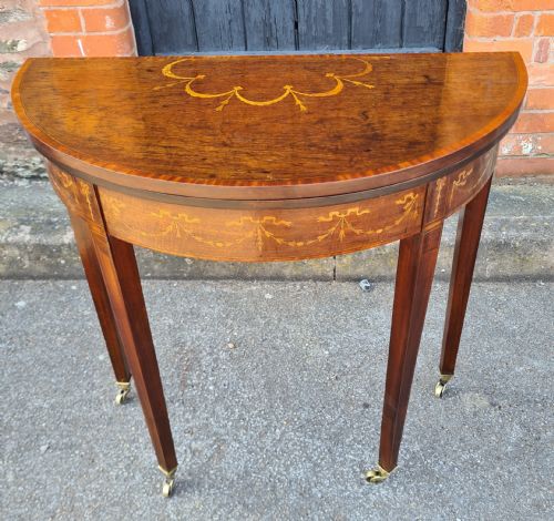 antique edwardian inlaid mahogany demilune card table - CATEGORY: ANTIQUE TABLES - DATED EDWARDIAN
