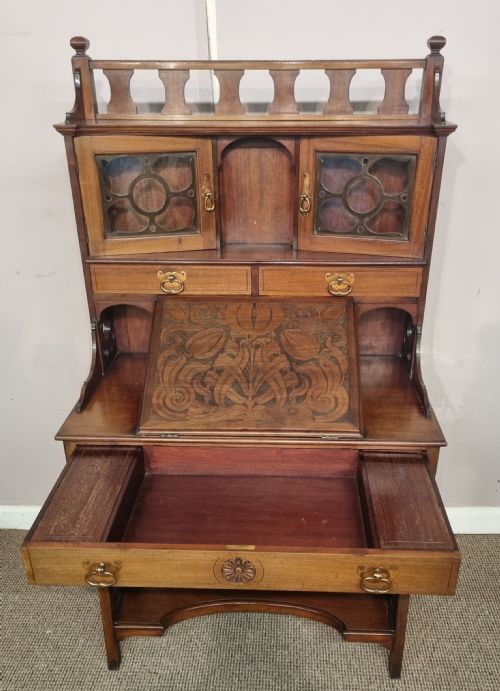 CARVED MAHOGANY ARTS AND CRAFTS BUREAU CABINET WRITING DESK - ADDITIONAL PHOTO 1