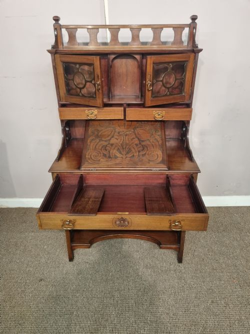CARVED MAHOGANY ARTS AND CRAFTS BUREAU CABINET WRITING DESK - ADDITIONAL PHOTO 2