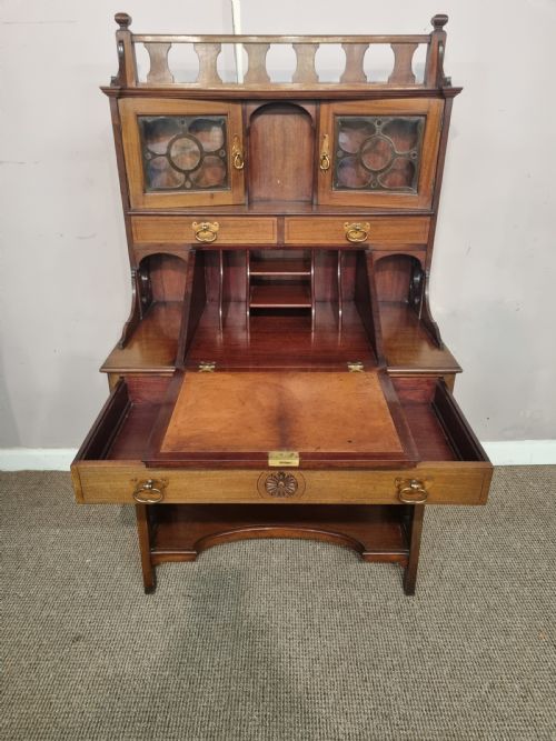 CARVED MAHOGANY ARTS AND CRAFTS BUREAU CABINET WRITING DESK - ADDITIONAL PHOTO 3