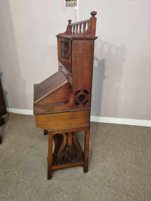 CARVED MAHOGANY ARTS AND CRAFTS BUREAU CABINET WRITING DESK - ADDITIONAL PHOTO 4