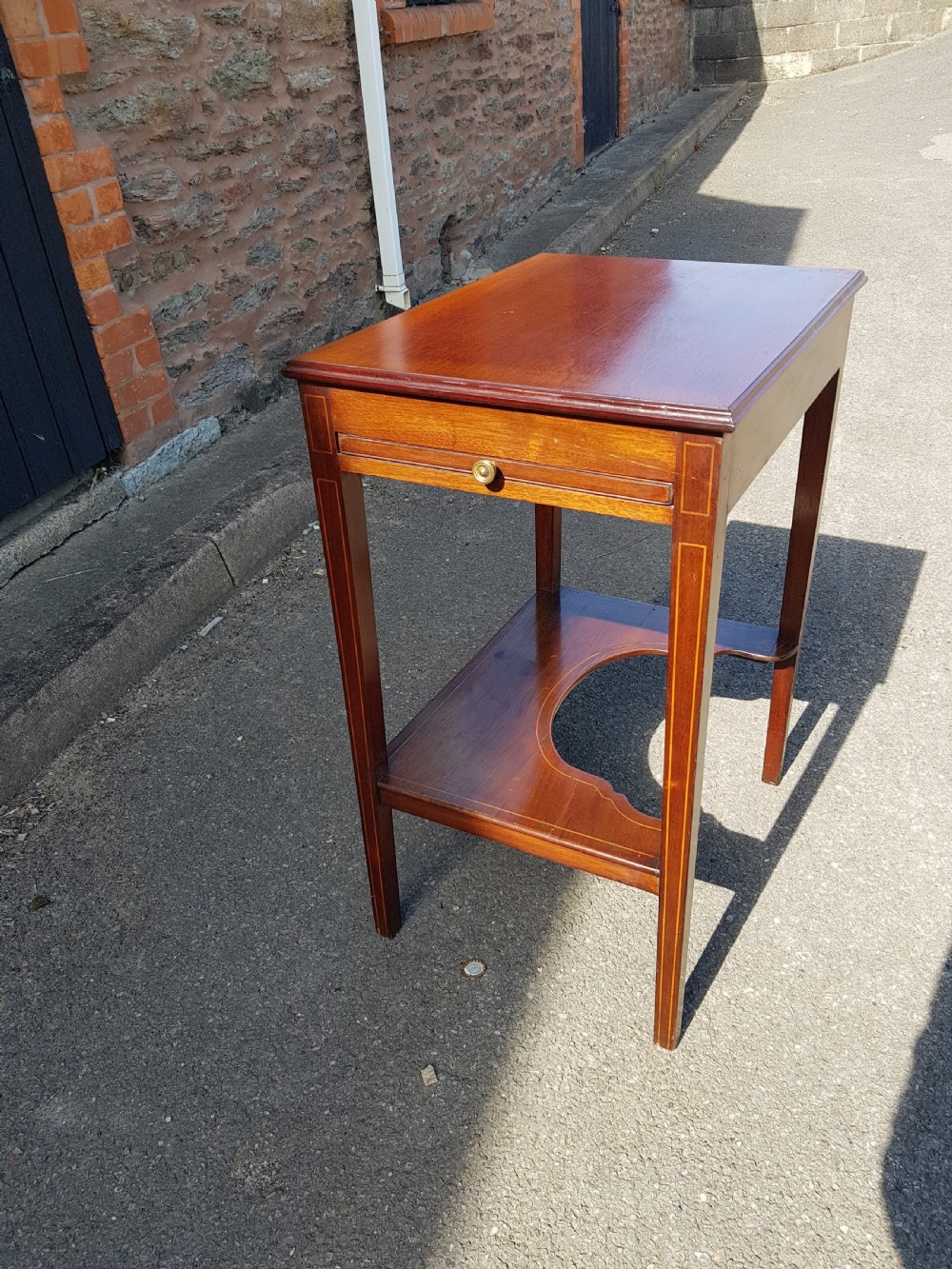 Victorian inlaid mahogany small writing table  View II