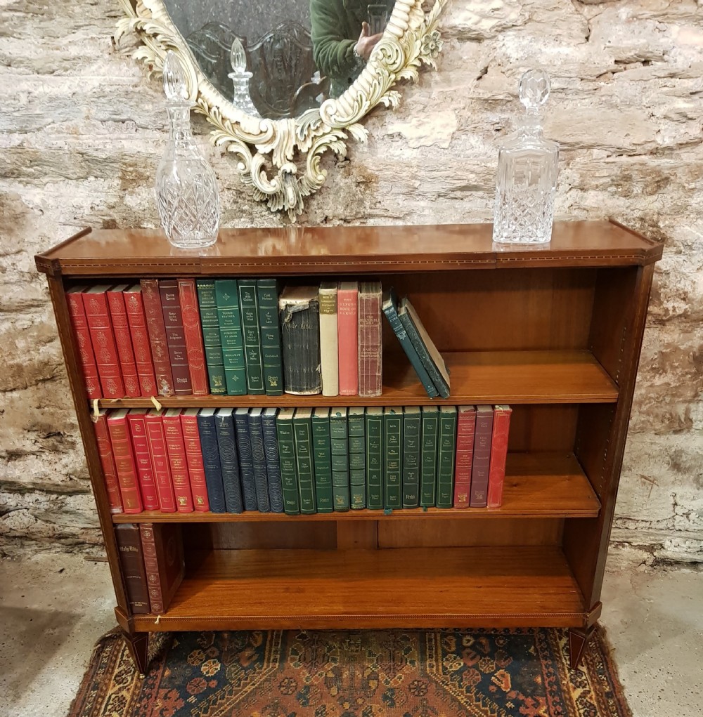 Edwardian Mahogany Inlaid open Bookcase.  View VII