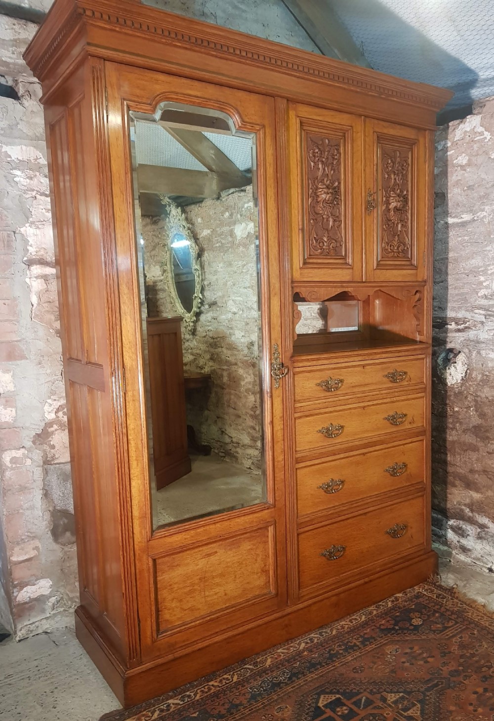 Victorian Oak mirror door wardrobe.  View II
