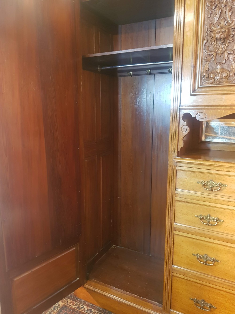 Victorian Oak mirror door wardrobe.  View IV
