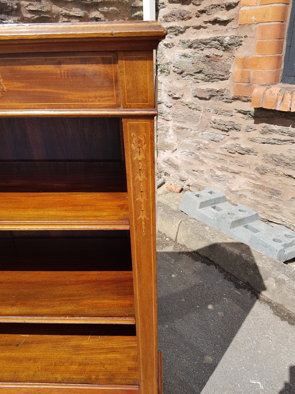 Edwardian Mahogany Inlaid Open Bookcase.  View V