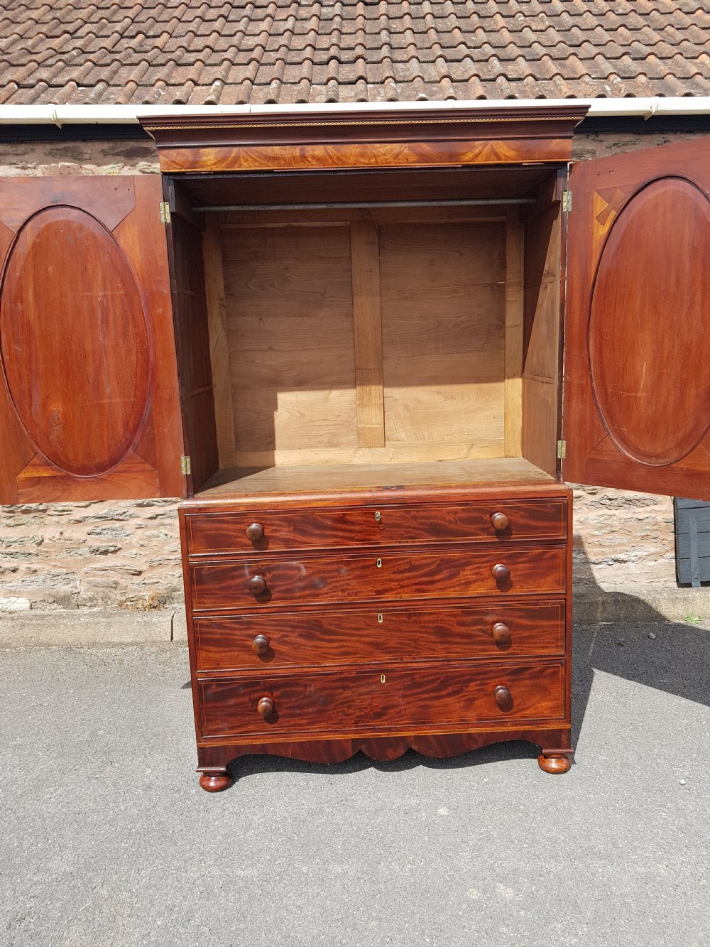 Regency mahogany inlaid channel island linen press  View V