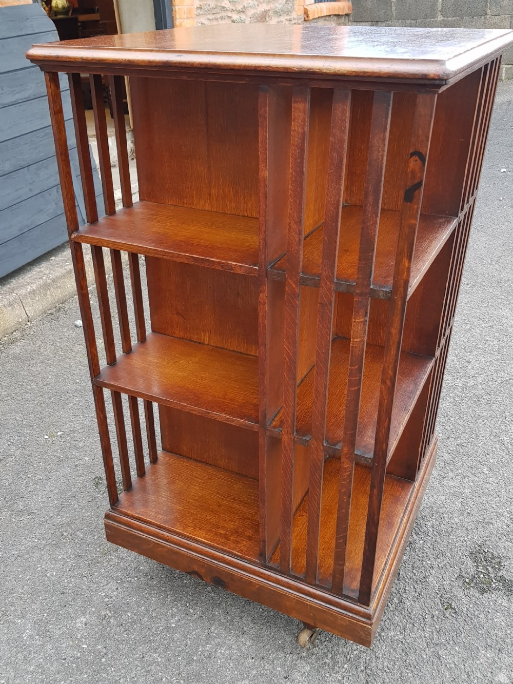 Edwardian Oak three tier Revolving Bookcase.  View III