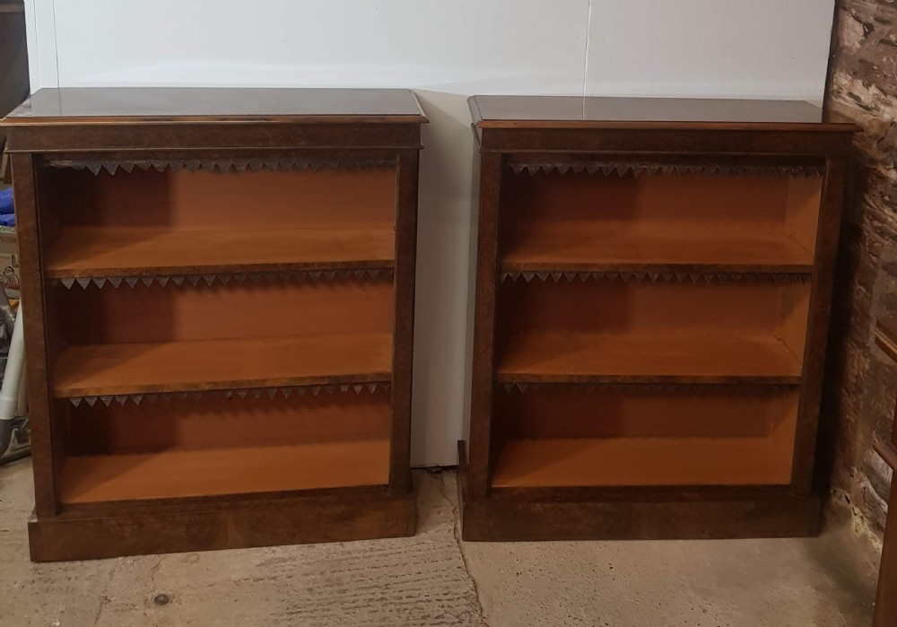 Pair of Victorian Burr Walnut Open Bookcases. 