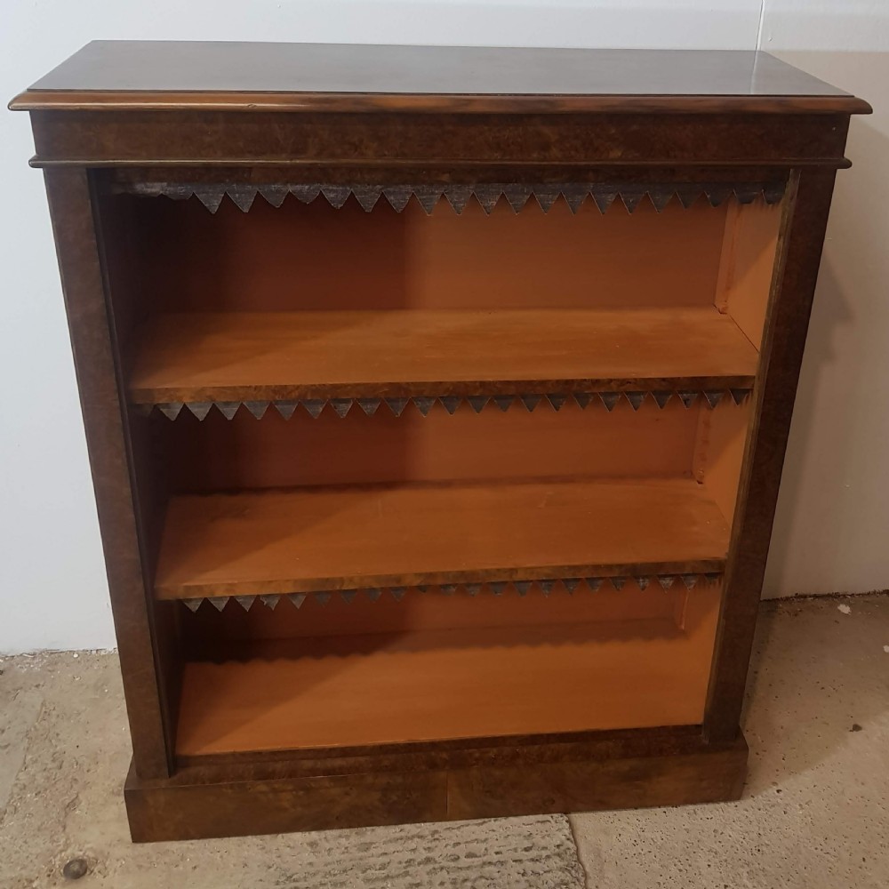 Pair of Victorian Burr Walnut Open Bookcases.  View II